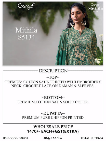 Mithila S5134 Ganga Cotton Satin Pant Style Suits Manufacturer Ahmedabad