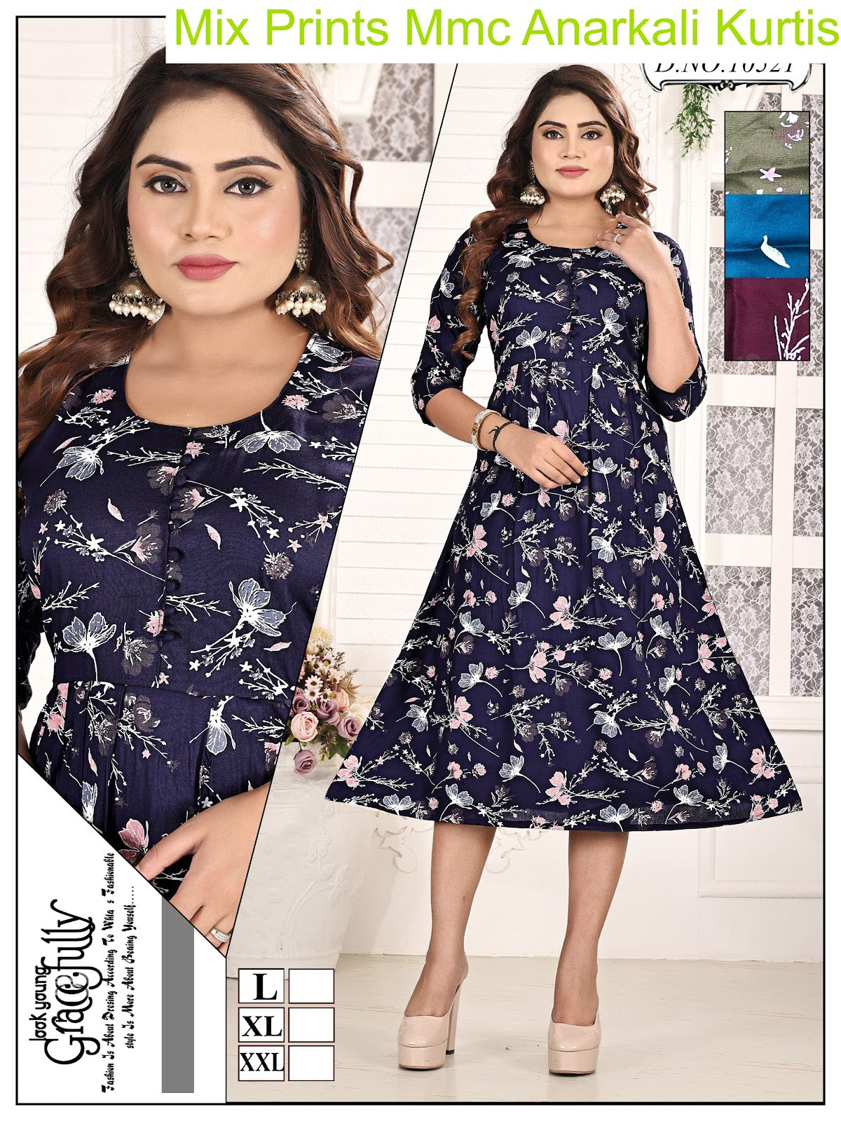 Mix Prints Mmc Reyon Anarkali Kurtis Manufacturer Gujarat