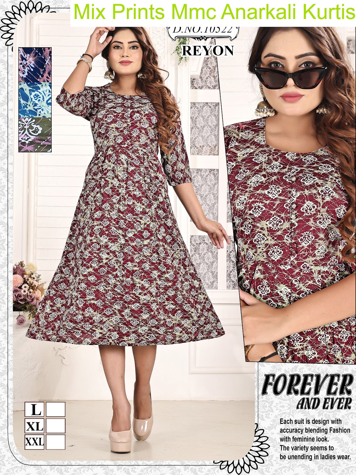 Mix Prints Mmc Reyon Anarkali Kurtis Manufacturer Gujarat