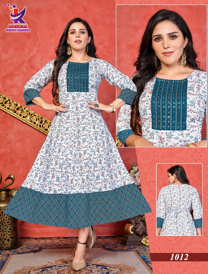 Modern Style Mlm Kalash Lifestyle Rayon 14Kg Anarkali Kurtis Supplier