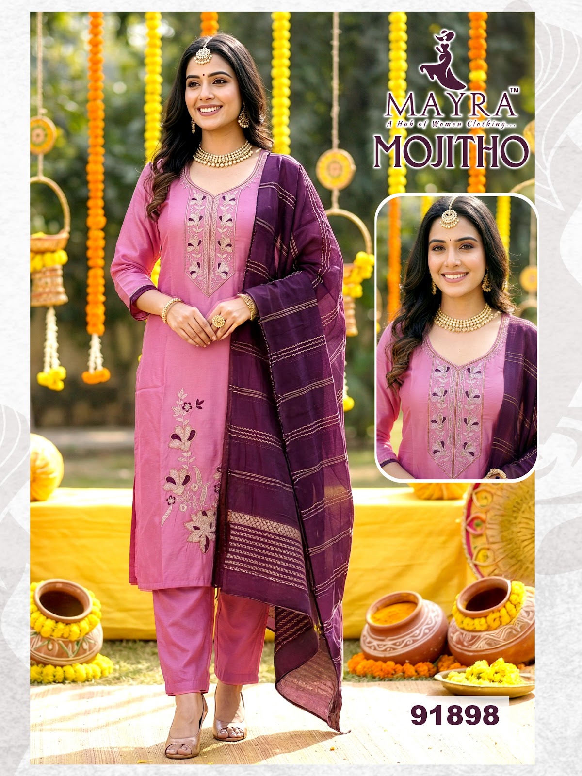 Mojitho Mayra Roman Silk Readymade Pant Style Suits Wholesale Rate