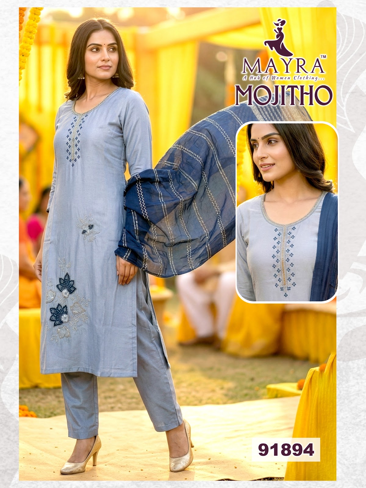 Mojitho Mayra Roman Silk Readymade Pant Style Suits Wholesale Rate