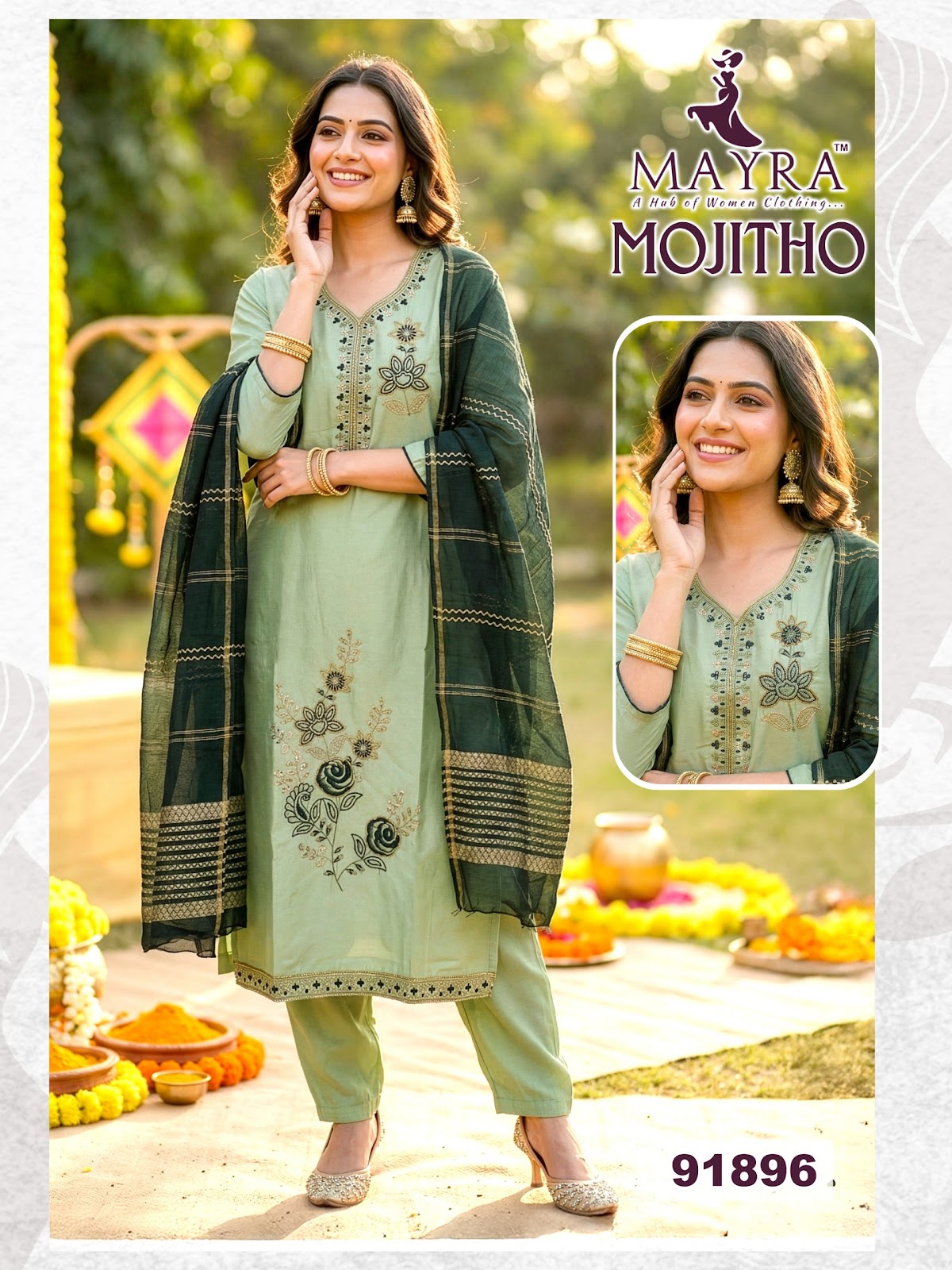 Mojitho Mayra Roman Silk Readymade Pant Style Suits Wholesale Rate