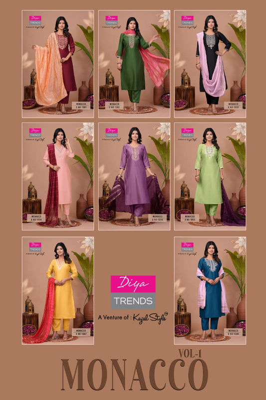 Monacco Vol 1 Diya Trends Modal Silk Readymade Pant Style Suits Wholesale Rate