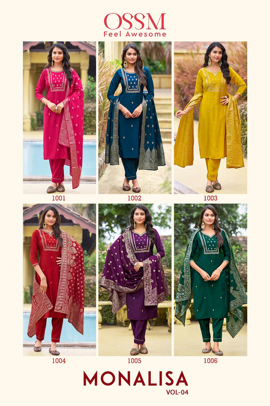 Monalisa Vol 4 Ossm Roman Slub Readymade Pant Style Suits Exporter Ahmedabad