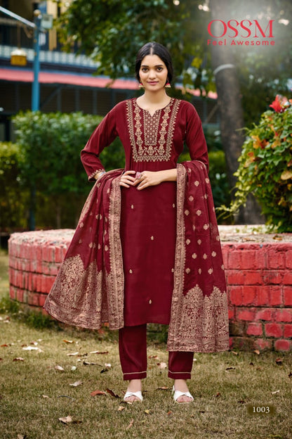 Monalisa Vol 6 Ossm Roman Silk Readymade Pant Style Suits Exporter