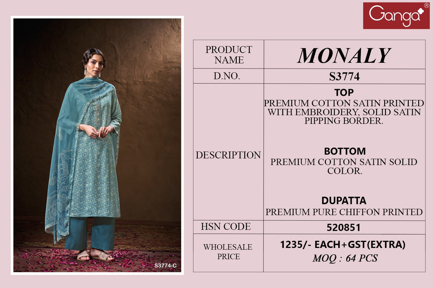 Monaly 3774 Ganga Premium Cotton Plazzo Style Suits Wholesale