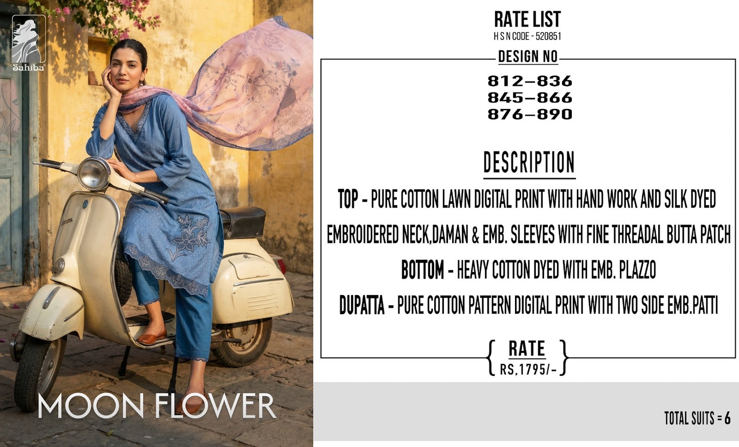 Moon Flower Sahiba Cotton Lawn Pant Style Suits Wholesale Price