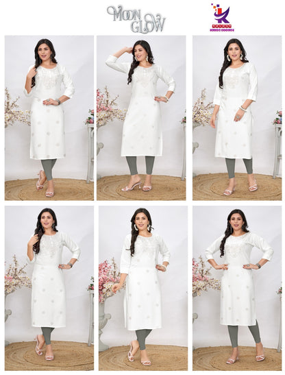 Moon Glow White Mlm Kalash Lifestyle Rayon 22Kg Long Straight Kurti Wholesaler India