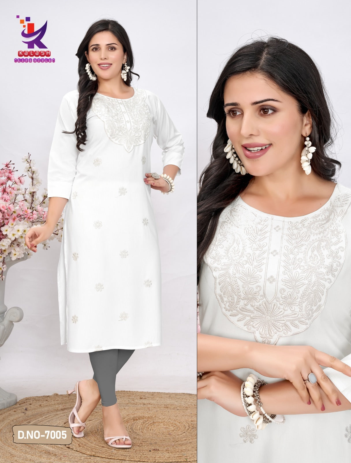 Moon Glow White Mlm Kalash Lifestyle Rayon 22Kg Long Straight Kurti Wholesaler India