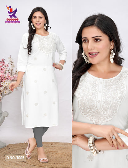 Moon Glow White Mlm Kalash Lifestyle Rayon 22Kg Long Straight Kurti Wholesaler India