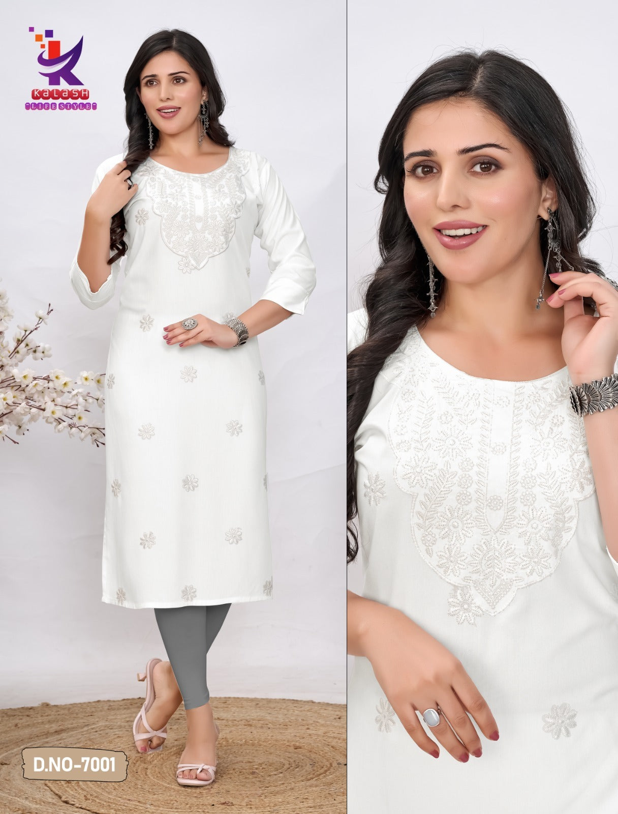 Moon Glow White Mlm Kalash Lifestyle Rayon 22Kg Long Straight Kurti Wholesaler India