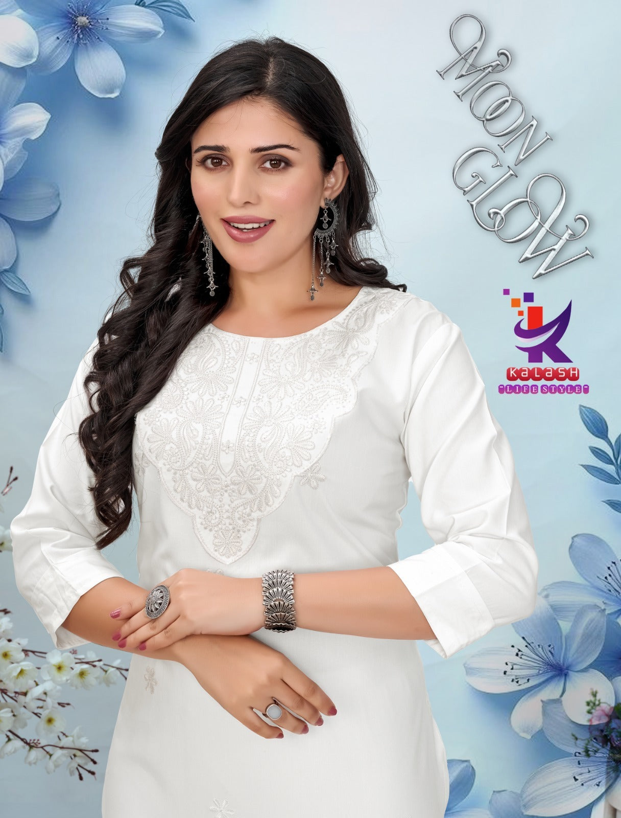 Moon Glow White Mlm Kalash Lifestyle Rayon 22Kg Long Straight Kurti Wholesaler India