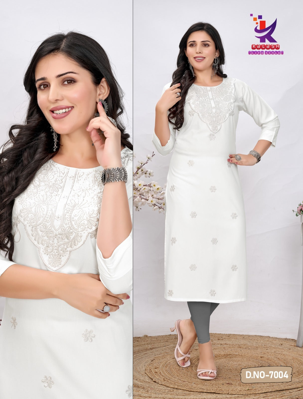 Moon Glow White Mlm Kalash Lifestyle Rayon 22Kg Long Straight Kurti Wholesaler India