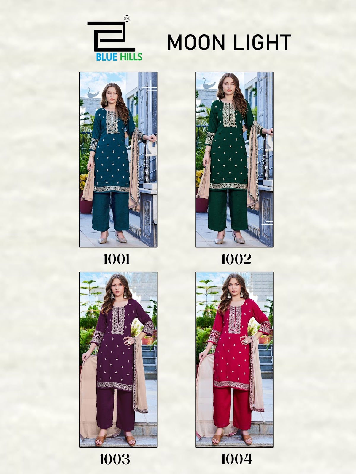 Moon Light Blue Hills Vichitra Readymade Plazzo Style Suits Exporter Ahmedabad