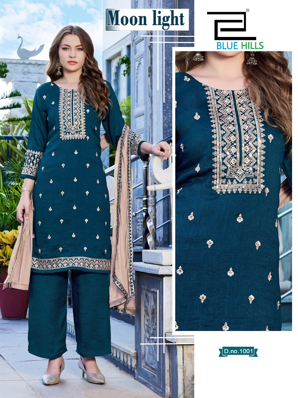 Moon Light Blue Hills Vichitra Readymade Plazzo Style Suits Exporter Ahmedabad