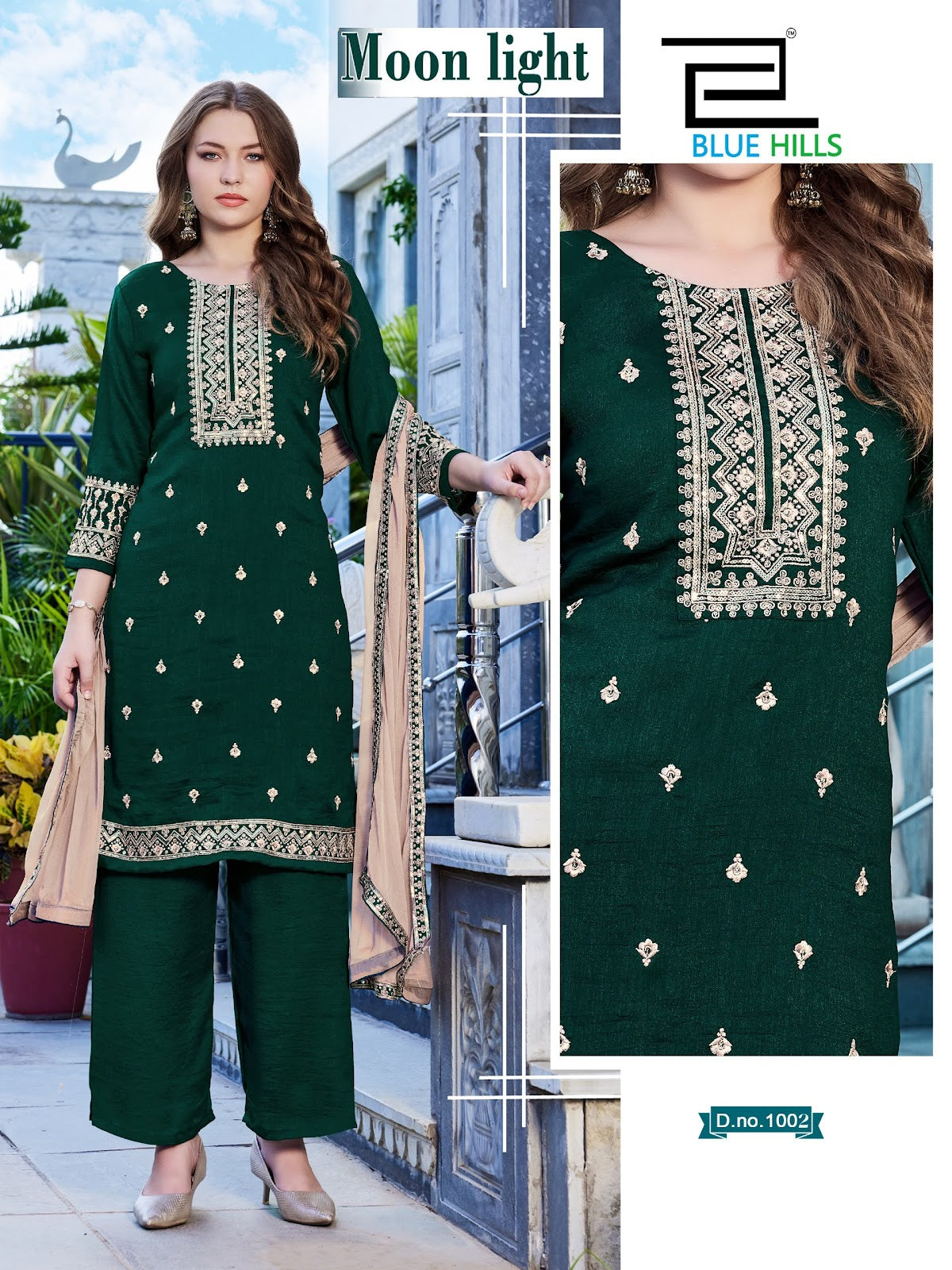Moon Light Blue Hills Vichitra Readymade Plazzo Style Suits Exporter Ahmedabad