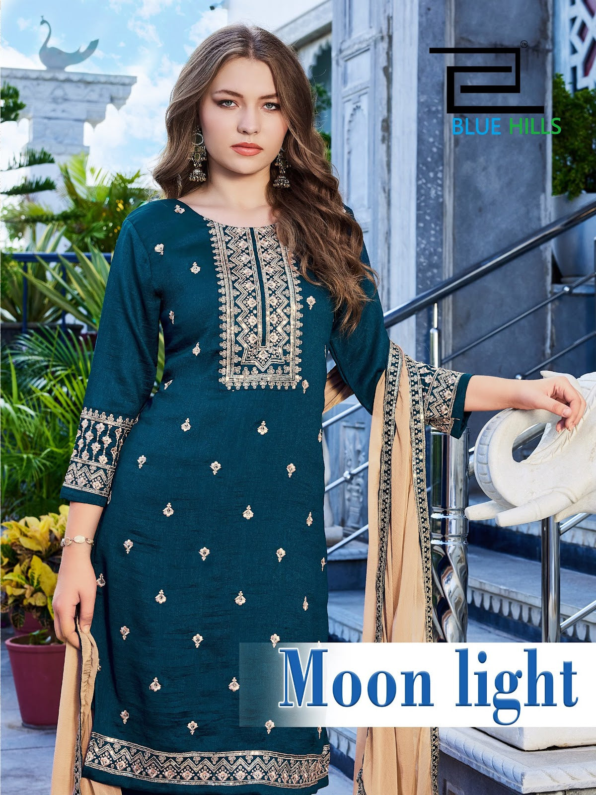 Moon Light Blue Hills Vichitra Readymade Plazzo Style Suits Exporter Ahmedabad