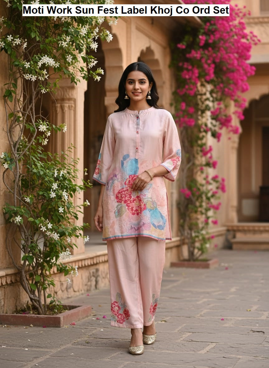 Moti Work Sun Fest Label Khoj Viscose Muslin Co Ord Set Wholesaler Ahmedabad