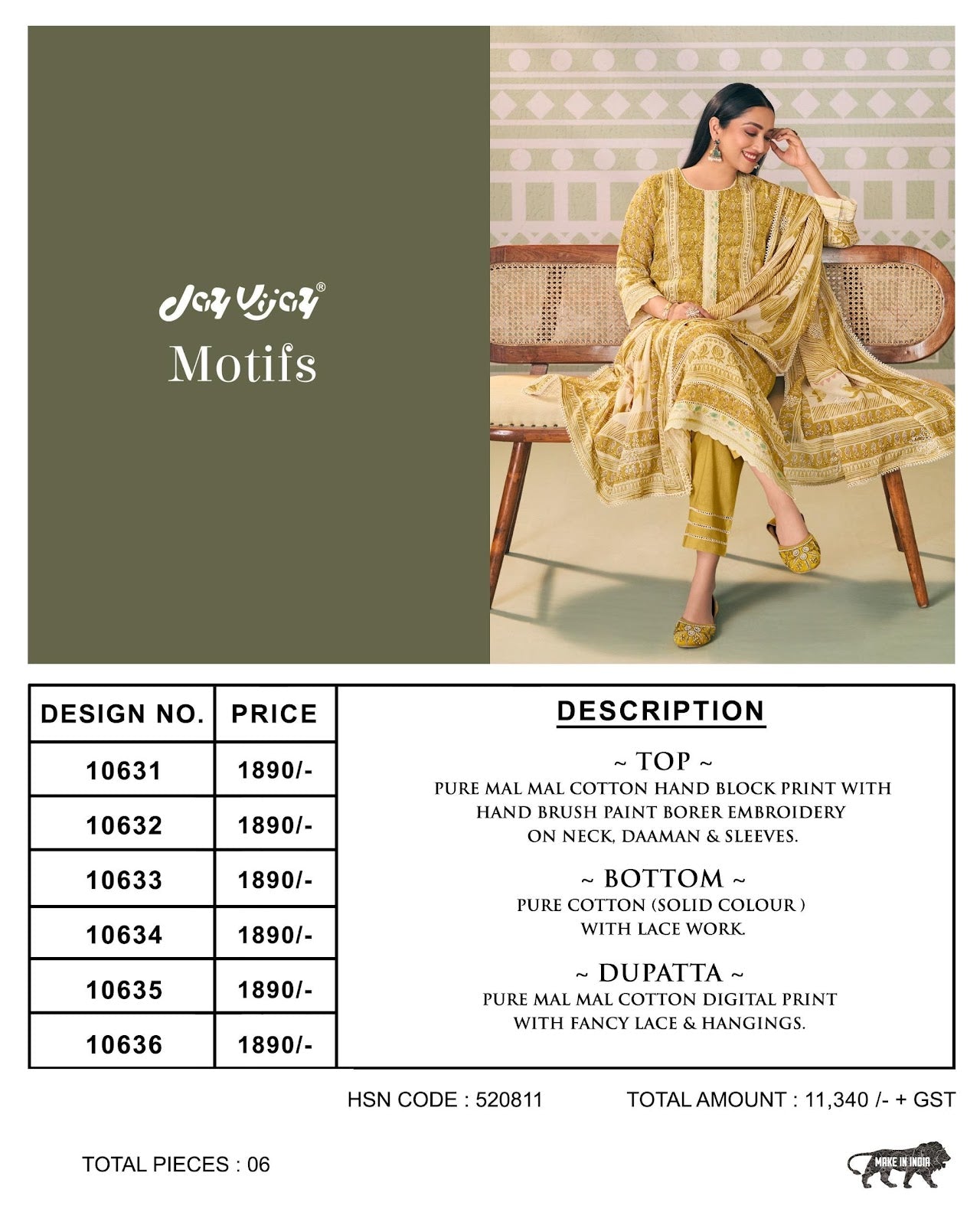 Motifs Jay Vijay Mal Cotton Pant Style Suits Wholesale