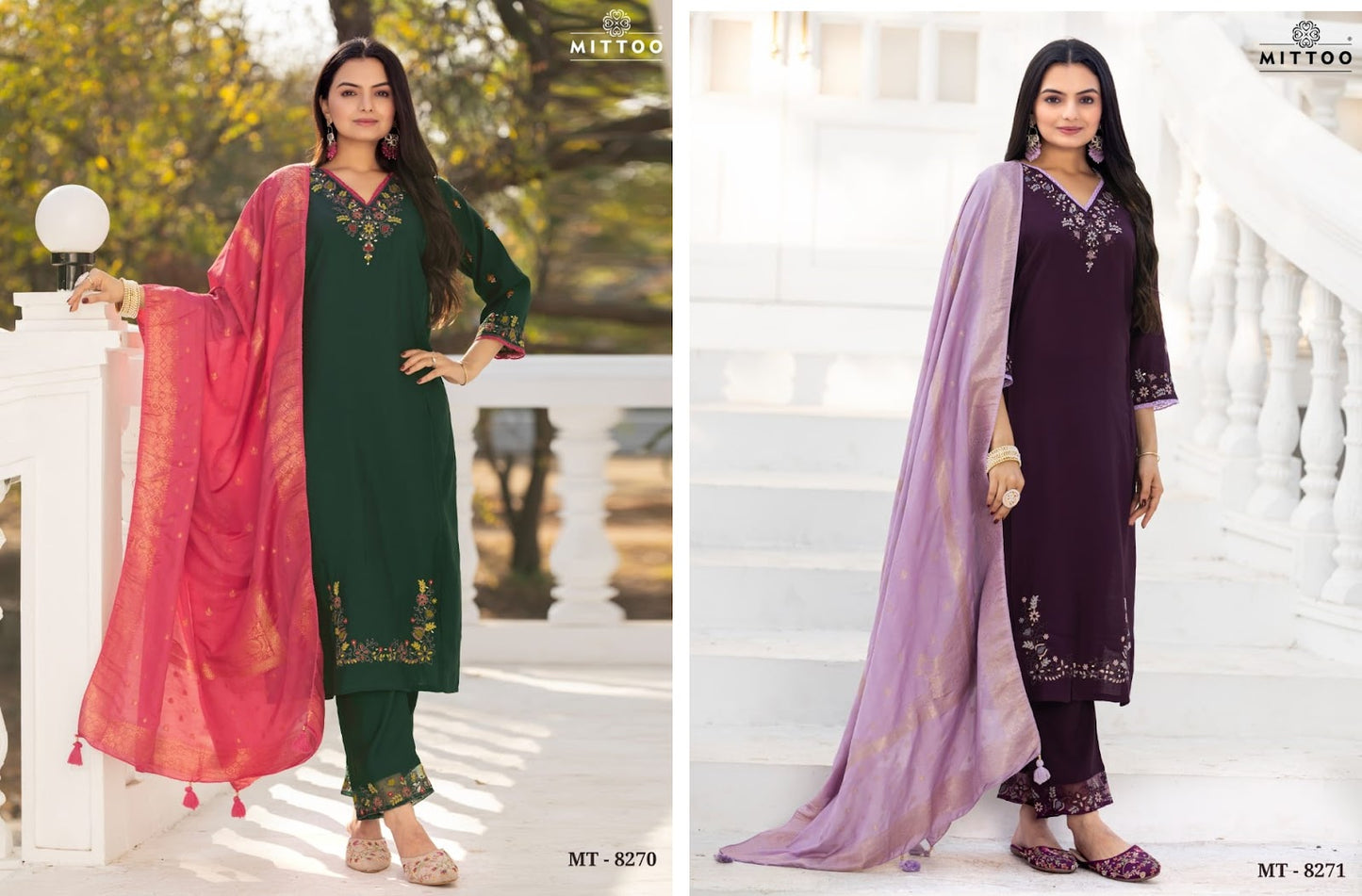 Mt 8270-8271 Mittoo Viscose Silk Readymade Pant Style Suits Wholesaler