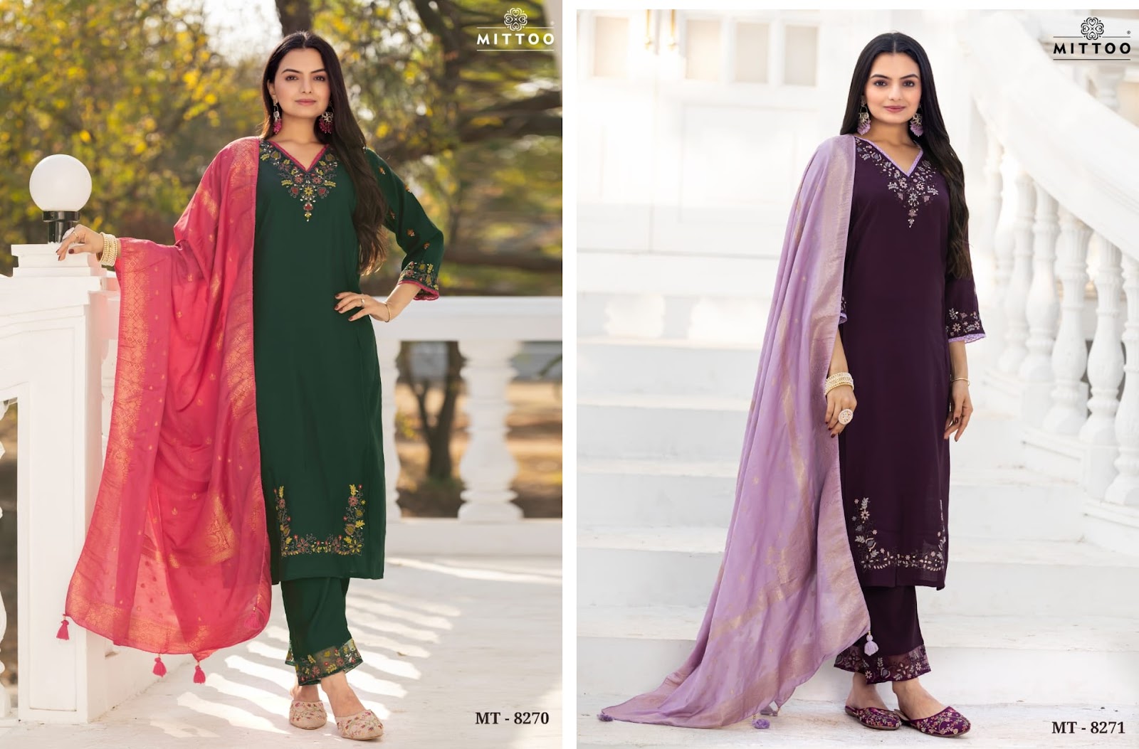Mt 8270-8271 Mittoo Viscose Silk Readymade Pant Style Suits Wholesaler