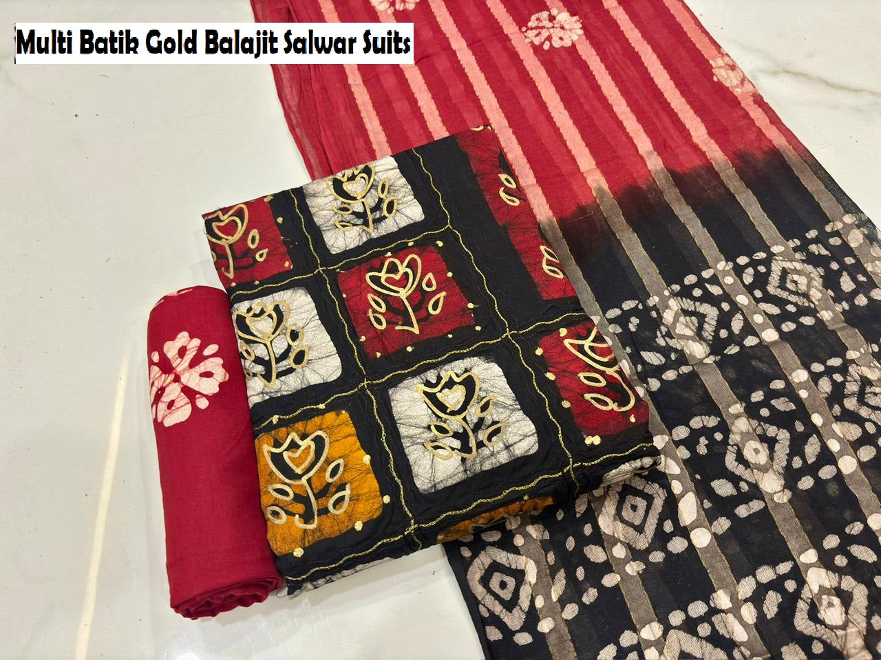 Multi Batik Gold Balajit Cotton Salwar Suits Wholesale Rate