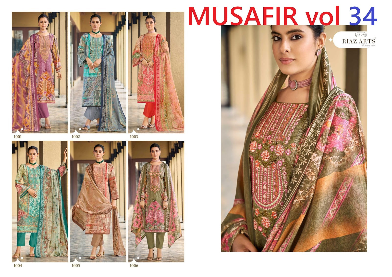 Musafir Vol 34 Riaz Art Cotton Cambric Karachi Salwar Suits Manufacturer Gujarat