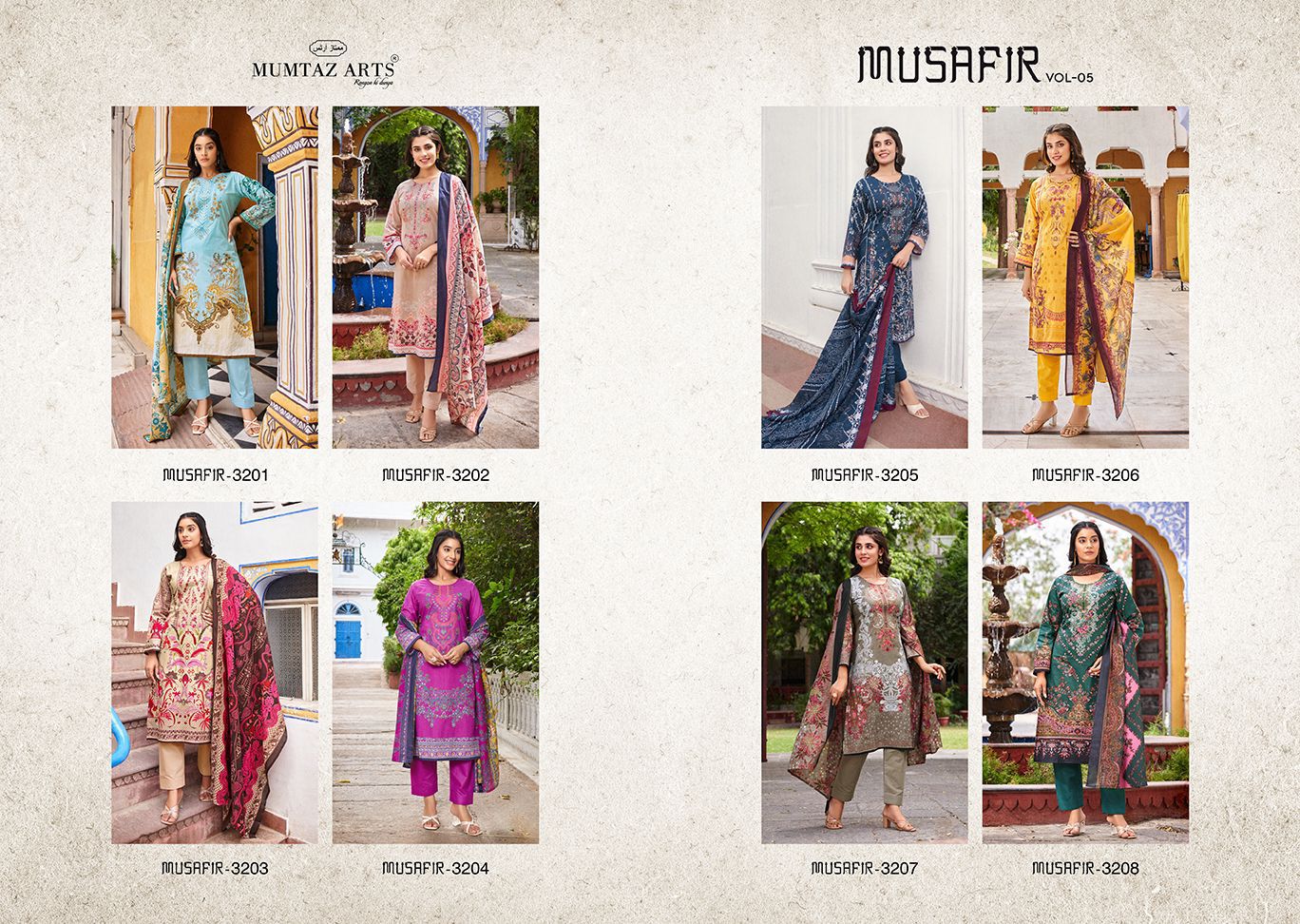 Musafir Vol 5 Mumtaz Arts Cambric Lawn Karachi Salwar Suits Exporter Ahmedabad