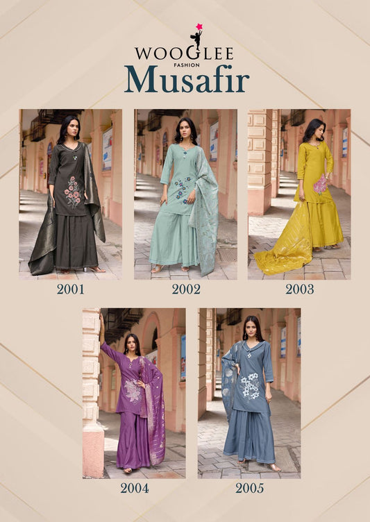 Musafir Wooglee Russian Silk Readymade Plazzo Style Suits Exporter Gujarat
