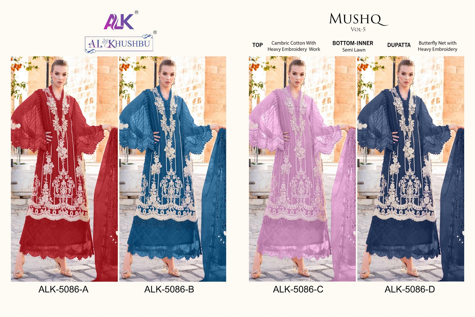 Mushq Vol 5-5086 Alk Cambric Cotton Pakistani Salwar Suits Exporter Gujarat