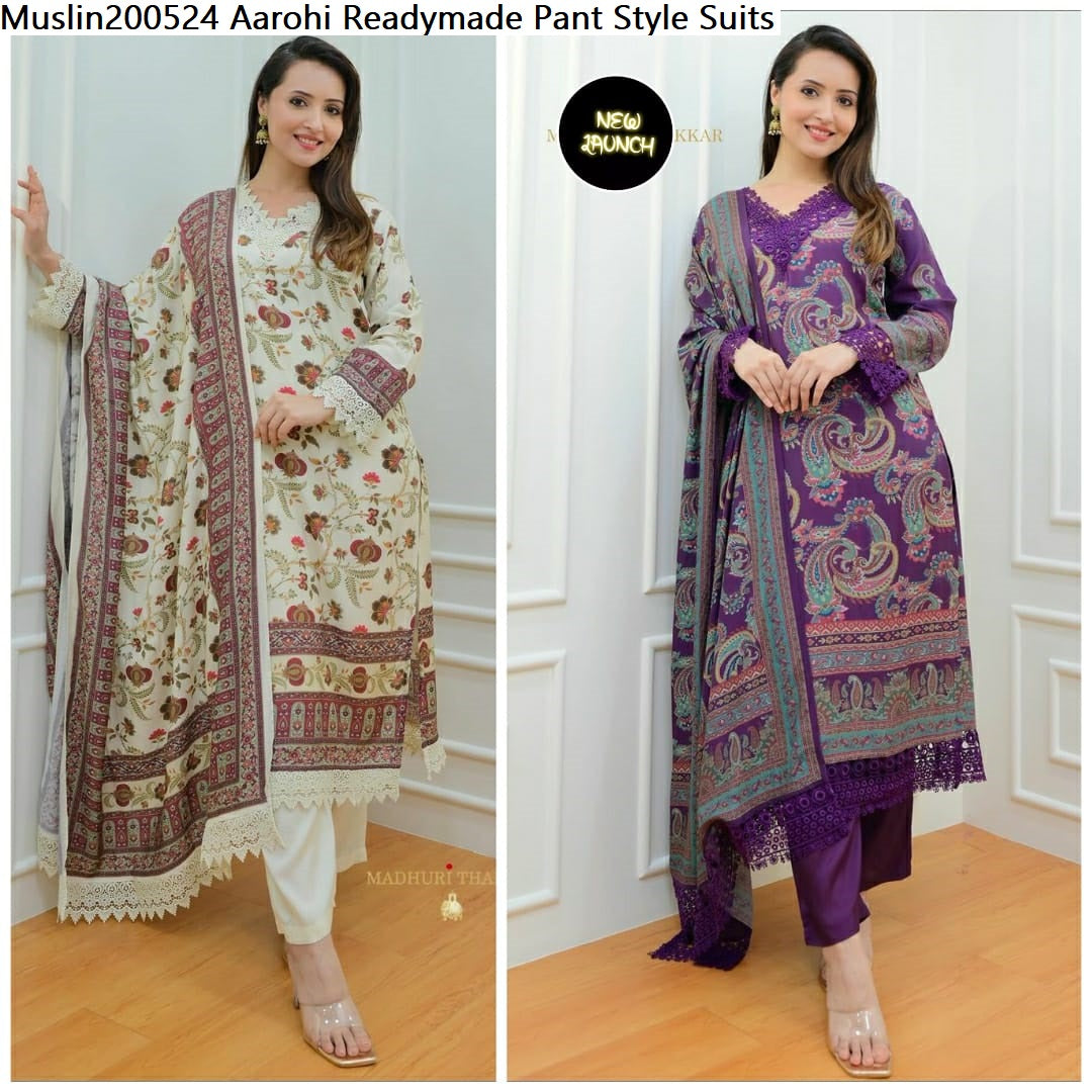 Muslin200524 Aarohi Pure Muslin Readymade Pant Style Suits Wholesaler Gujarat