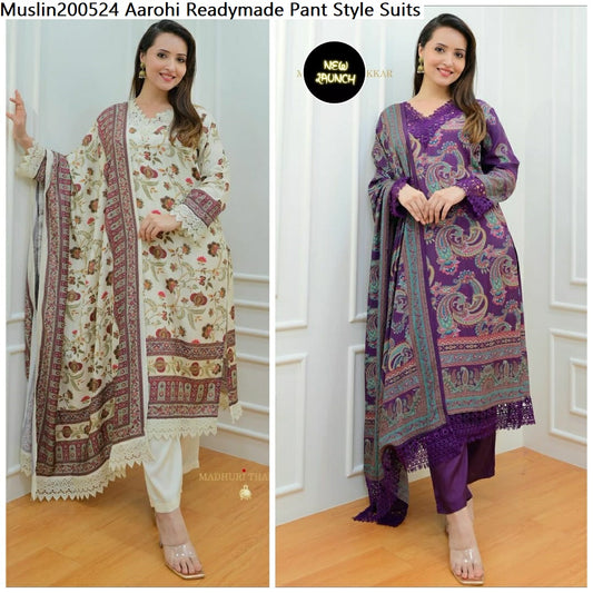 Muslin200524 Aarohi Pure Muslin Readymade Pant Style Suits Wholesaler Gujarat