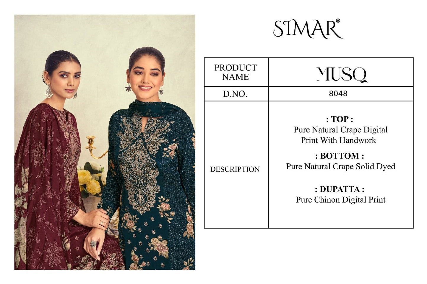 Musq Simar Natural Crape Pant Style Suits Manufacturer India