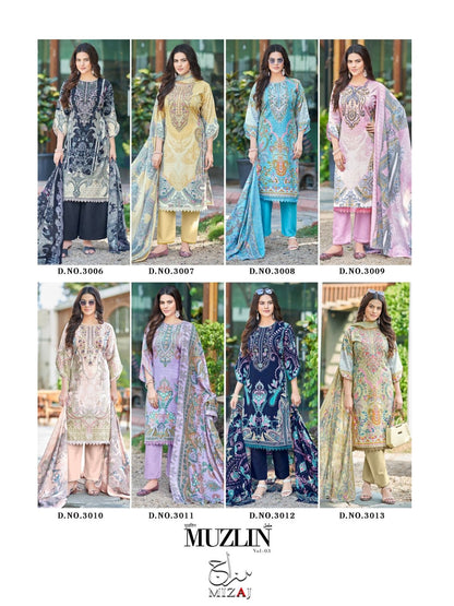 Muzlin Vol 3 Mizaj Mix Cotton Karachi Salwar Suits Wholesaler Gujarat