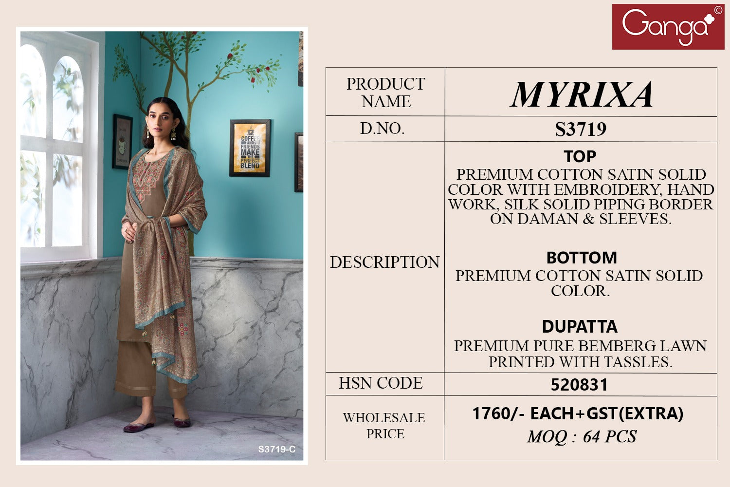 Myrixa 3719 Ganga Premium Cotton Plazzo Style Suits Wholesaler India