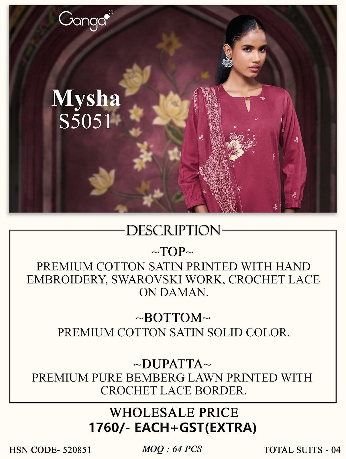 Mysha S5051 Ganga Cotton Satin Plazzo Style Suits Supplier Ahmedabad