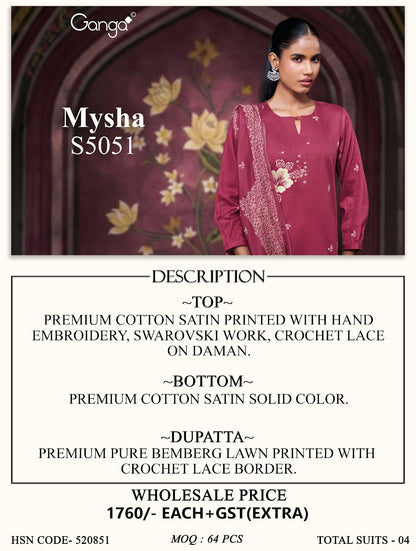 Mysha S5051 Ganga Cotton Satin Plazzo Style Suits Supplier Ahmedabad