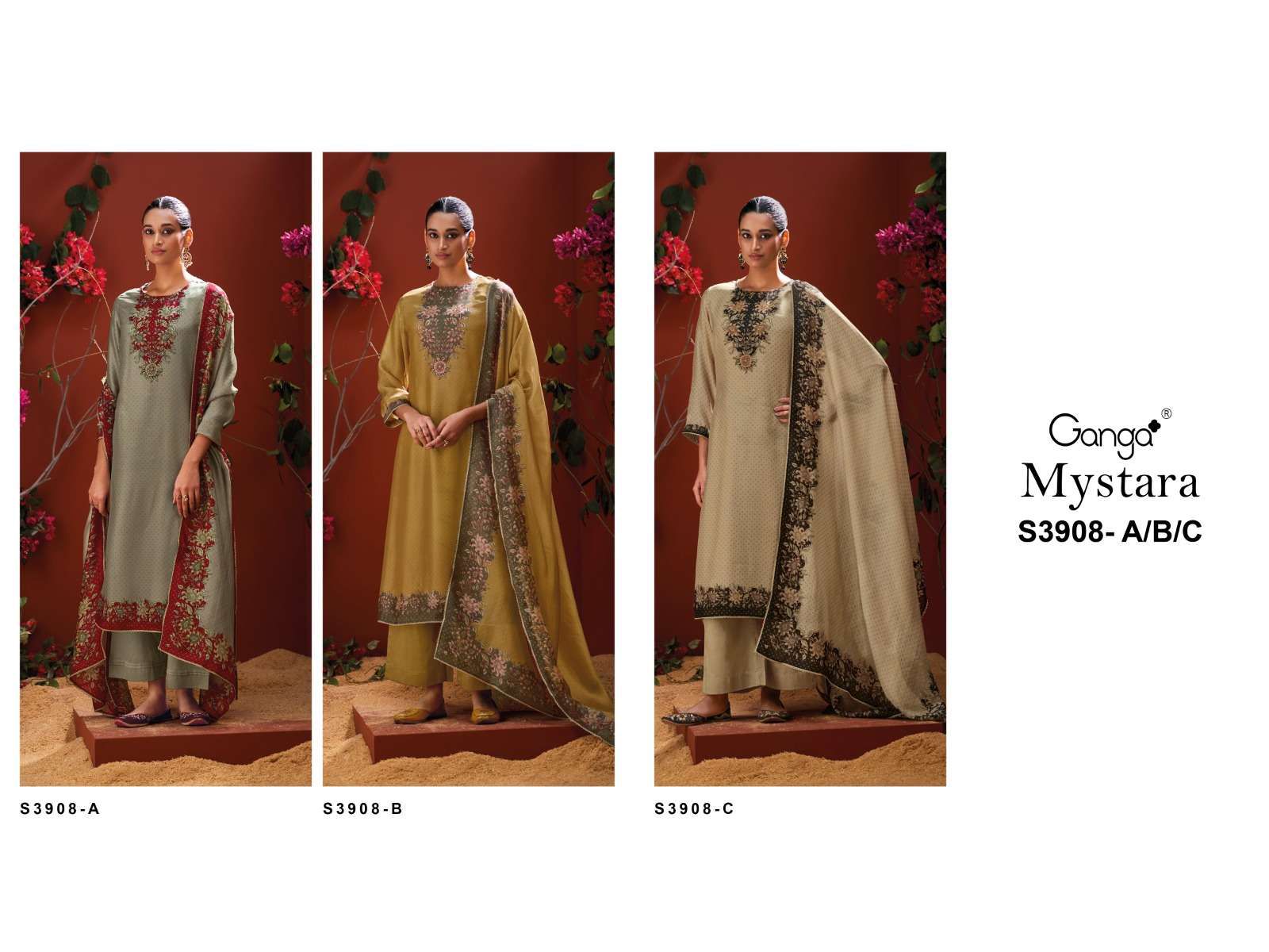 Mystara 3908 Ganga Pure Bemberg Plazzo Style Suits Supplier Ahmedabad