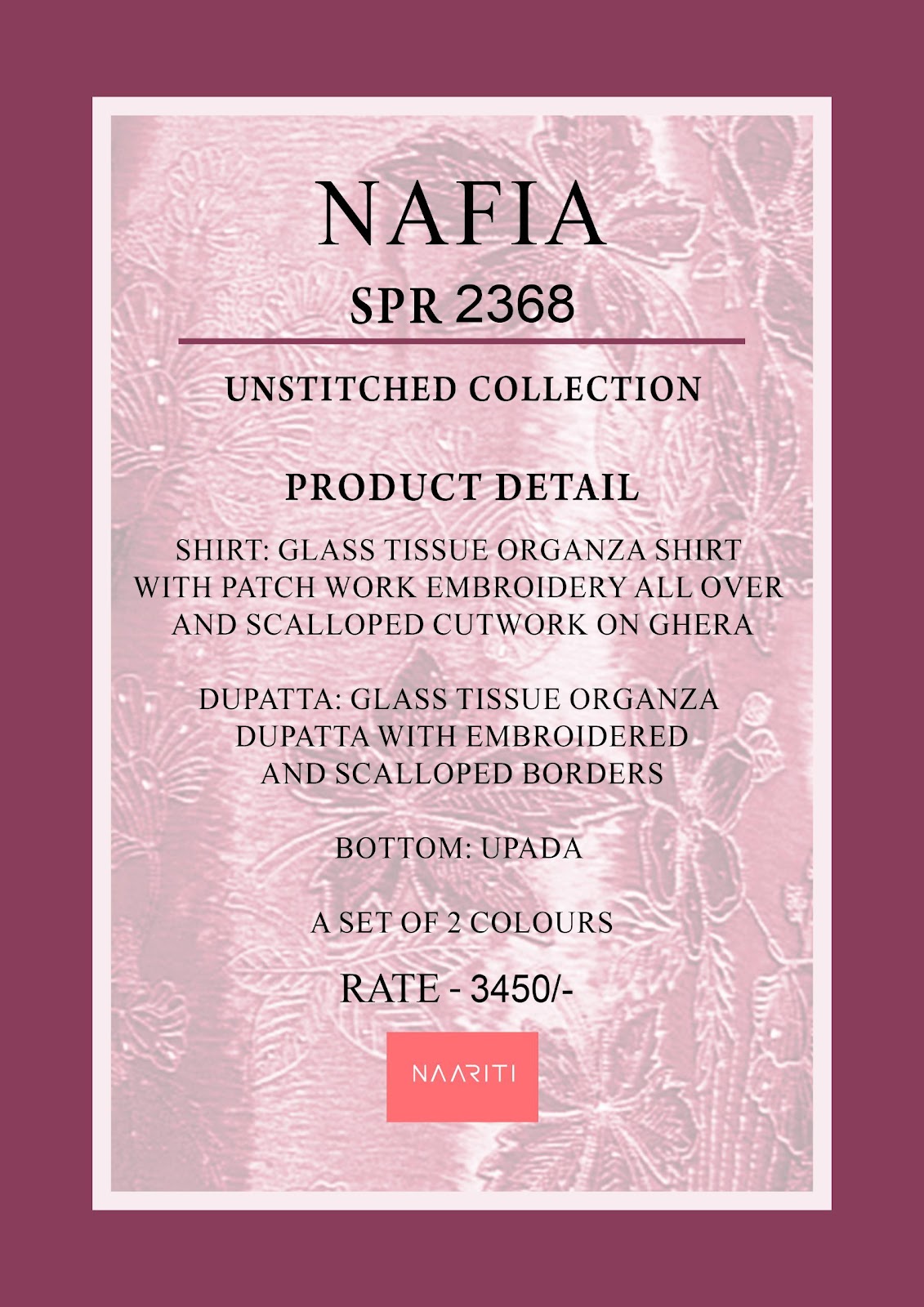 Nafia New Colour Naariti Organza Pant Style Suits Wholesaler Gujarat