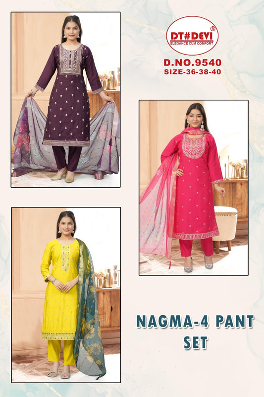 Nagma 4 Dn 9540 Dt Devi Roman Silk Girls Readymade Pant Suits Wholesale Rate