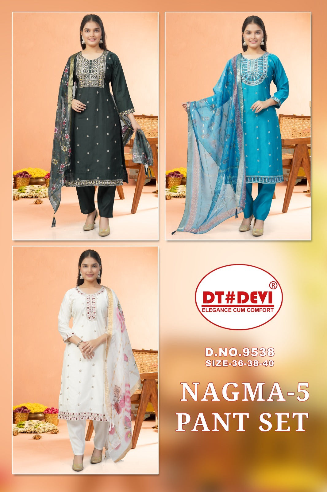Nagma 5 Dn 9538 Dt Devi Roman Silk Girls Readymade Pant Suits Wholesaler
