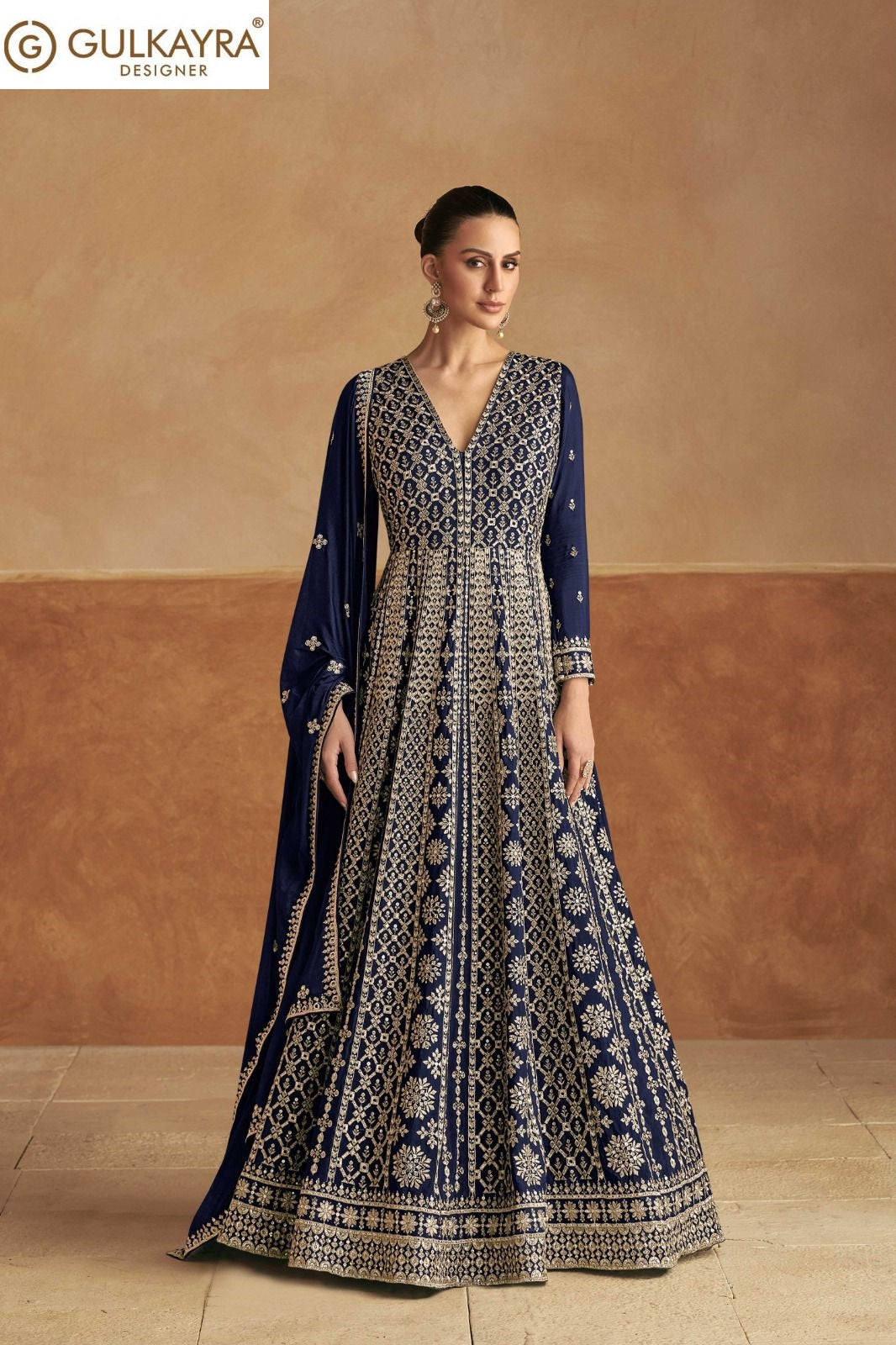 Nagma Gold Gulkayra Designer Chinon Gown Dupatta Set Wholesaler Gujarat