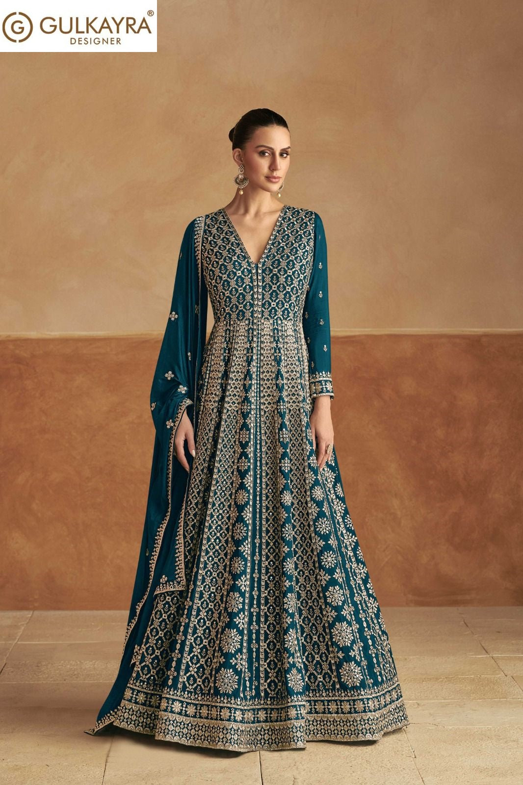 Nagma Gold Gulkayra Designer Chinon Gown Dupatta Set Wholesaler Gujarat