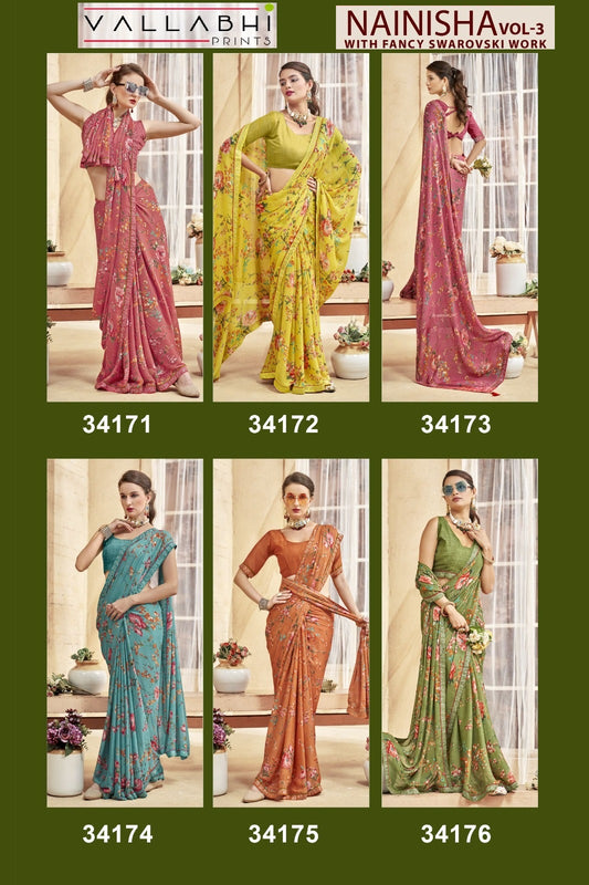 Nainisha Vol 3 Vallabhi Prints Georgette Sarees Wholesaler India