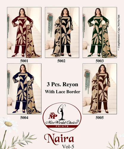 Naira Vol 5 Miss World Choice Rayon Pant Style Suits Wholesale Price