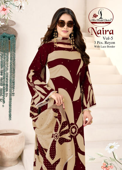 Naira Vol 5 Miss World Choice Rayon Pant Style Suits Wholesale Price