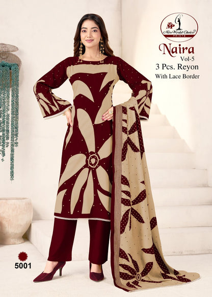 Naira Vol 5 Miss World Choice Rayon Pant Style Suits Wholesale Price