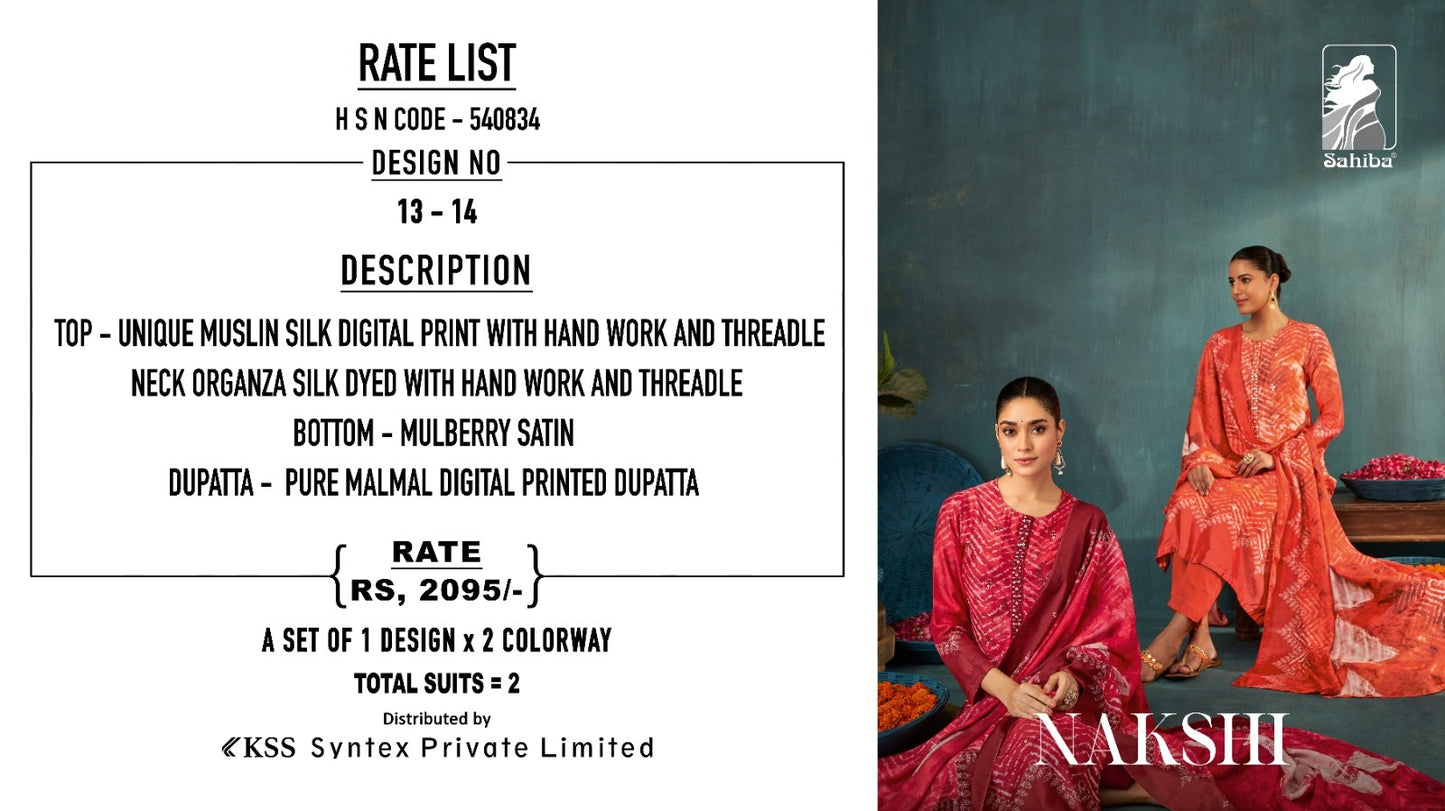 Nakshi Sahiba Muslin Silk Pant Style Suits Wholesaler