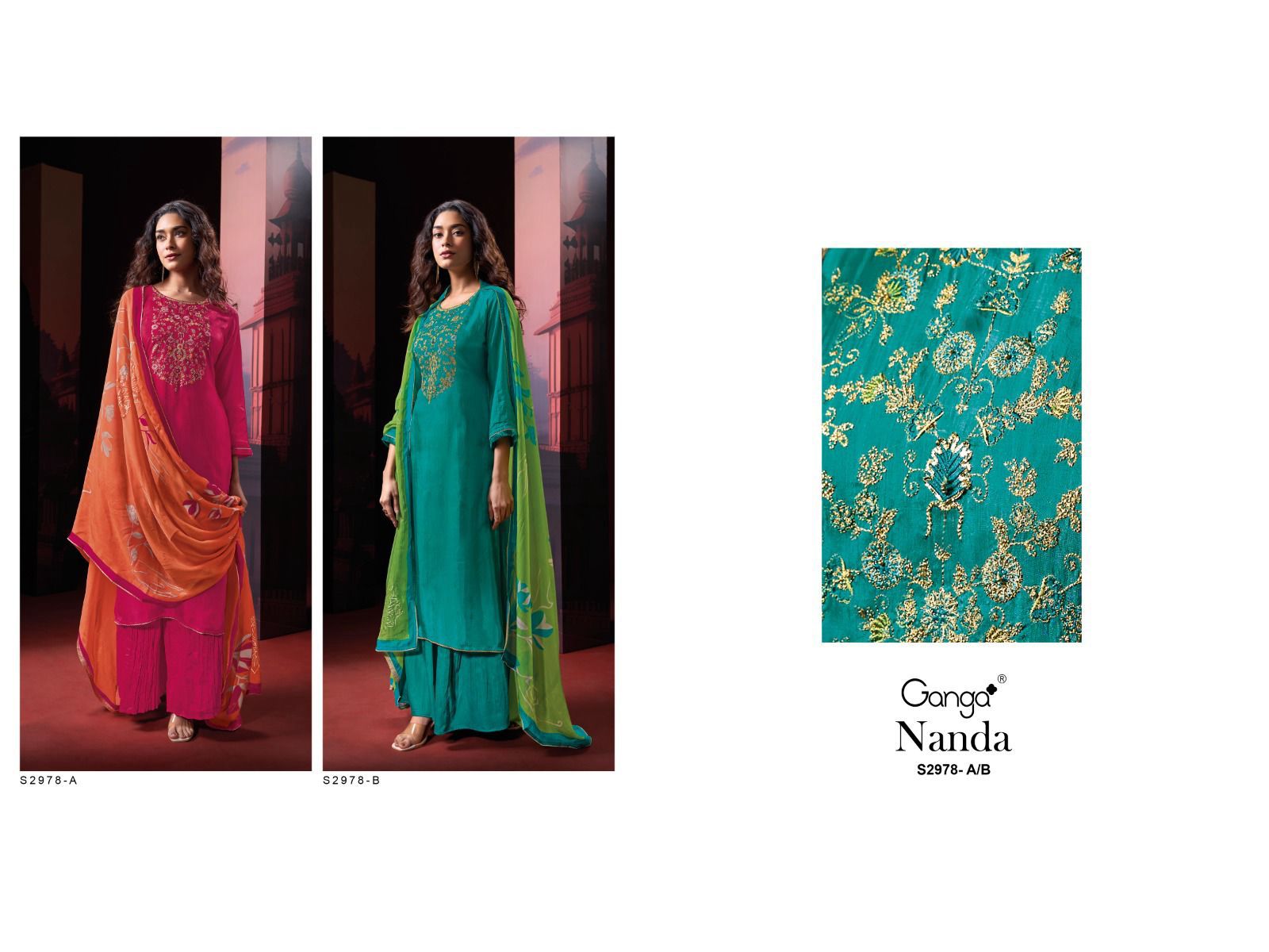 Nanda S2978 Ganga Bemberg Silk Plazzo Style Suits Exporter India